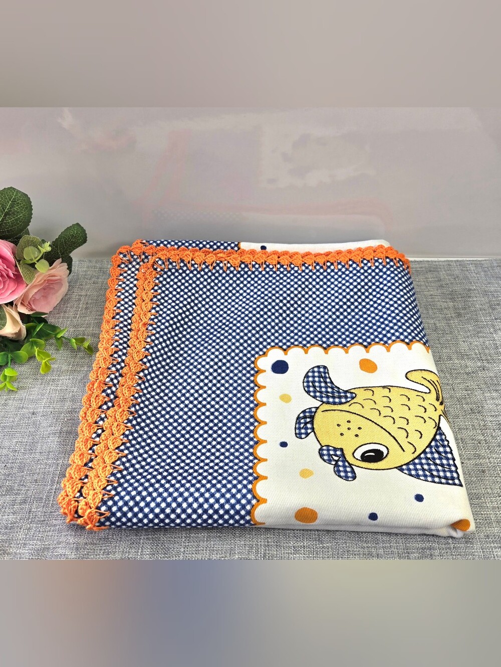 Vintage Portuguese Cotton Tablecloth 43x45 Navy Blue Fish Polka Dot Crochet Edge